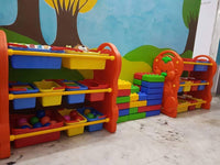 Little Fingers Plastic Toy Storage Shelf with 6 Yellow Bins – Kids Organizer Rack for Toys & Books – L38.5 x W14 x H32 Inches – Blue & Yellow