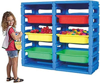 Little Fingers Plastic Toy Storage Shelf with 6 Yellow Bins – Kids Organizer Rack for Toys & Books – L38.5 x W14 x H32 Inches – Blue & Yellow