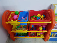 Little Fingers Plastic Toy Storage Shelf with 6 Yellow Bins – Kids Organizer Rack for Toys & Books – L38.5 x W14 x H32 Inches – Blue & Yellow