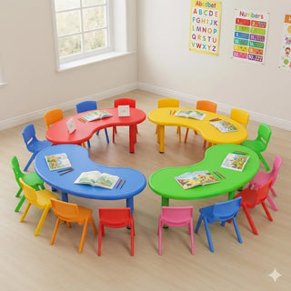 eHomeKart Moon Table for Kids - Half Round Moon Shape Plastic Table with 54 inch Length-Set of 4 Study Table for Kids at Home or School-Indoor and Outdoor–Color May Vary–Chairs NOT Included (4 Table)