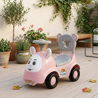 eHomeKart Kids Rabbit Ride On Car | Non-Musical Manual Push Car for Toddlers | Foot to Floor Baby Ride On with Steering Wheel & Back Rest | Safe & Sturdy | No Battery | Indoor Outdoor (Pink)