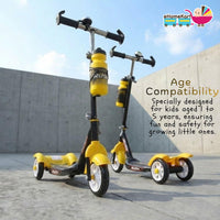 Fun Ride Kids Scooter - Rush Three Wheel Kick Scooters for Boys and Girls with Sipper, Bell, Adjustable Height and Rear Brake - 3 Wheels Skate for Age 3-10 Years (Black)