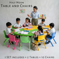 eHomeKart Kids Half-Moon Table Set of 2 with 10 Chairs – Front Round Shape, Perfect for Home Use (53 x 20 x 20 inches) for Kids with Set of 10 Chairs- Perfect Fort Home