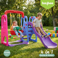 Baybee 4 in 1 Jumbo Baby Swing & Slides for Kids | Perfect Outdoor Sliding with Basketball Set, Anti Slip Steps & Climbing | Baby Play Area Indoor Setup | Freestanding Slider for Kids 2 to 5 Years