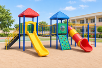 Illustrative outdoor multiplay station for children in a sunny school play area