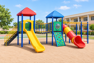 Illustrative outdoor multiplay station for children in a sunny school play area