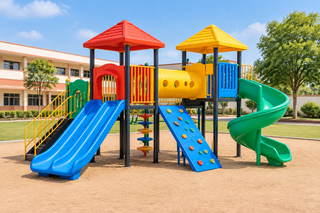 Illustrative colorful outdoor multiplay station in a sunny school play yard