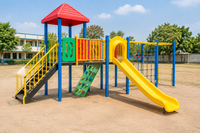 Illustrative colorful outdoor multiplay station in a sunny school play yard