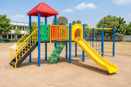 Illustrative colorful outdoor multiplay station in a sunny school play yard