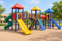 Illustrative outdoor multiplay station for children in a sunny school play yard