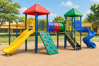 Illustrative outdoor multiplay station for children in a sunny school play area