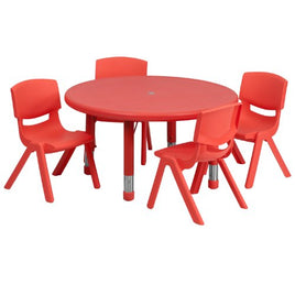 Little Fingers 45'' Round Red Plastic Height Adjustable Activity Table Set with 4 Chairs
