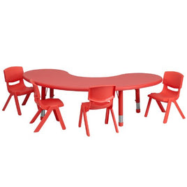 Little Fingers  35''W x 65''L Half-Moon Red Plastic Height Adjustable Activity Table Set with 4 Chairs