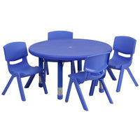 Little Fingers 45'' Round Blue Plastic Height Adjustable Activity Table Set with 4 Chairs